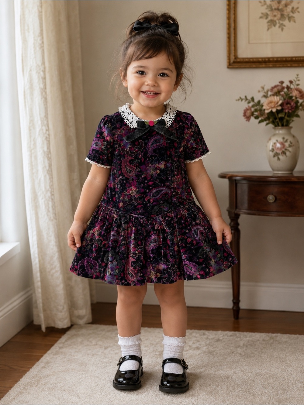 Baby Togs Vintage Velvet Floral Paisley Lace Collar‎ Dress Toddler 3T